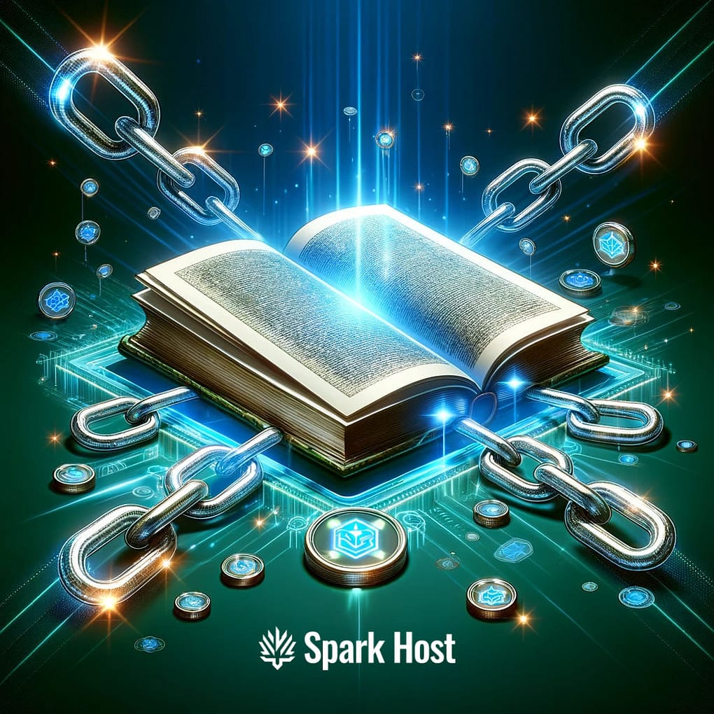How broken link-building works: a square image in a futuristic and abstract style representing the introduction to broken link building in seo. The image features an open book with glowing pages, symbolizing the learning and understanding of new concepts. Around the book are floating digital elements like chain links, some broken and some intact, representing the concept of broken link building. The color palette includes blues, greens, and silvers, creating a sense of technology and innovation. The imagery should be visually engaging, encapsulating the theme of gaining knowledge in the digital marketing and seo world.