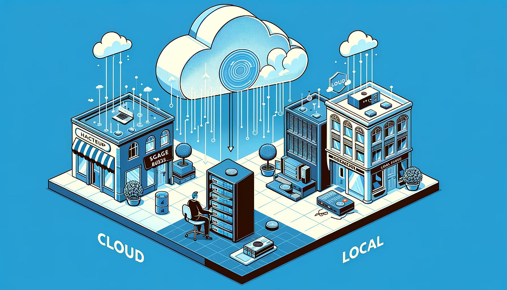 Intro image: this image presents a split scene contrasting cloud and local backups. On one side, there's a stylized cloud with data streams, indicating the accessibility and scalability of cloud backups, with small businesses connected to it. The other side depicts a small business office with an individual managing a physical server or hard drive, illustrating the control but also the effort required for local backups.